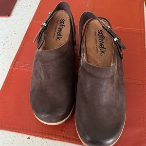 Brown suede clogs
